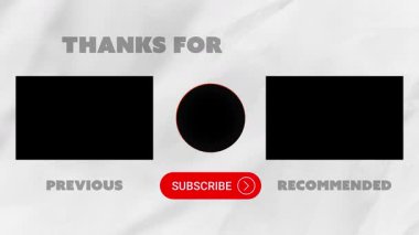 Video sonu ekranının 4K hareketli animasyonu, video tavsiyeleri, üyelik düğmesi ve teşekkür mesajı. Yaratıcı dijital içerik ve kanallar için uygun.