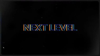 Bir sonraki seviye retro video oyununun 4K animasyon hareketi, oyun duraklat ve eski TV ekranında piksel arıza efektleri, klasik atari tarzı ve klasik görseller ile metne devam et.