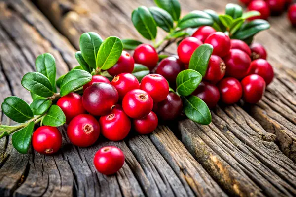 Pürüzsüz, yıpranmış ahşap arka planda canlı yeşil yapraklı taze Aşı vitis-idaea (lingonberry).