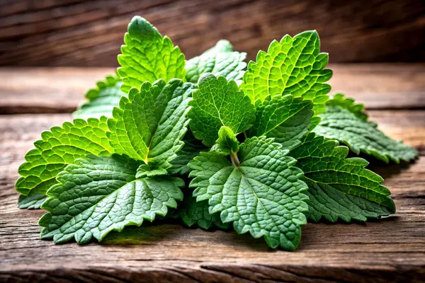 Taze Nane Yaprakları Kırsal Tahta Masada Yakın Çekim.