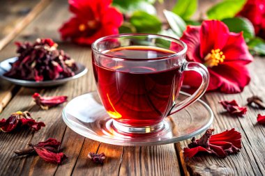 Ahşap masada cam bardakta kırmızı amber çayı..