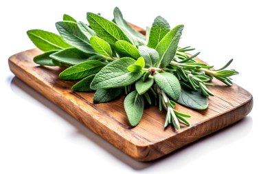 Fresh Sage Leaves on Rustic Wooden Cutting Board Isolated on White Background.