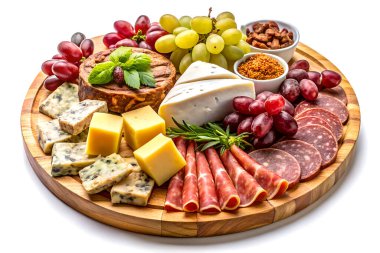 Çeşit çeşit peynirler, etler ve taze garnitürlerle gurme Charcuterie Kurulu.