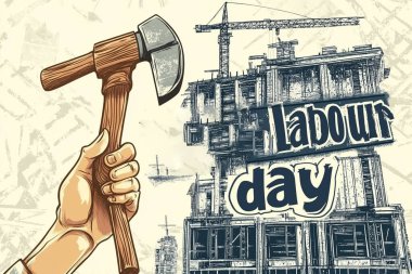 Baltayı tutan ayrıntılı bir el, görünen vinçleri olan bir inşaat arkaplanına dayanıyor. Tasarım, İşçi Bayramı tipografisini bir çizgi film tarzında içerir..