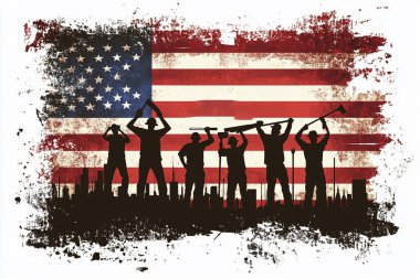 Grunge Amerikan bayrağı, şehir silueti üzerinde aletleri tutan işçilerden oluşan bir siluet içeriyor. Vatansever sembolizm ve dokuma etkisiyle endüstriyel işçileri gösteriyor..