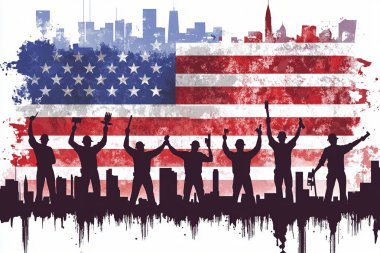 Amerikan bayrağı ve şehir siluetine karşı inşaat işçilerinin silueti, desenli fırça darbeleriyle ve damlayan boyalarla, çiğ, vatansever bir his için.