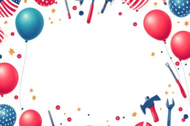 Beyaz üzerine kırmızı, beyaz ve mavi balonlar, yıldızlar ve konfeti konfetileri konan neşeli bir sınır. Kutlama atmosferi eklemek için etrafa saçılmış çekiç, anahtar ve tornavida gibi aletler içerir..