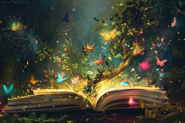 Büyüleyici bir illüstrasyonda parlak bir ağacın, canlı kelebekler ve çiçeklerle süslendiği açık bir kitap sergileniyor. Manevi ışıkla yıkanan sahne mistik ve büyüleyici bir atmosfer yaratıyor. Karmaşık detaylar 