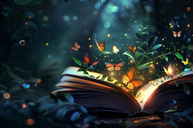 Açık bir kitap karanlık bir orman ortamında duruyor, içeriden aydınlatılmış. Sayfalarından renkli kelebekler ve ateş böcekleri çıkıyor ve büyüleyici bir sahne yaratıyorlar. Yemyeşil yapraklar kitabı çevreleyerek mistik atmosferi güçlendirir. Savaş.