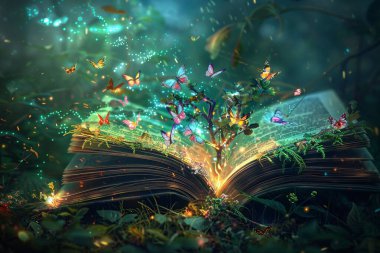 Canlı bir illüstrasyon, yemyeşil, mistik bir ormana yerleşmiş açık bir kitap tasvir ediyor. Sayfalarından, parıldayan bir ağaç filizlenir, renkli kelebeklerle süslenir, parıldayan parçacıkların arasında çırpınırlar. Sahne ruhani, rüya gibi bir ışıkla yıkanıyor.