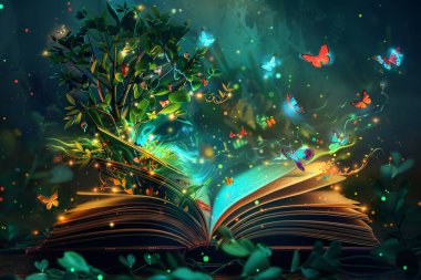 Açık bir kitap, yemyeşil yapraklarla çevrili, karanlık bir yüzeye dayanır. Sayfalarından renkli kelebekler ve parlayan parçacıklarla süslenmiş canlı bir ağaç çıkar. Manevi ışıkla yıkanan sahne mistik ve büyüleyici bir atmosfer yaratıyor.
