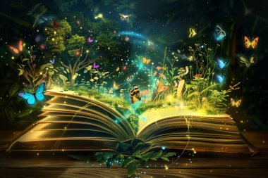 Büyüleyici bir illüstrasyon. Açık antik bir kitap sergileniyor. Canlı ve büyülü bir orman ortaya çıkıyor. Parlayan bitki ve minyatür ağaçların arasında parlayan çeşitli renklerdeki parlak kelebekler tuhaf bir sihir ve merak sahnesi yaratıyor. T