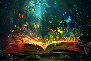 Açık bir kitap canlı, mistik bir orman sahnesini gözler önüne seriyor. Parlak ağaçlar, renkli kelebekler ve parlak ışıklar sayfalarından yayılarak ruhani ve büyüleyici bir atmosfer yaratıyor. Sahne ayrıntılarıyla zengindir ve bir merak ve şarjör hissi uyandırır.