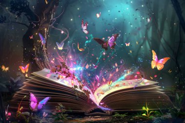 Açık bir kitap mistik bir ormanda, canlı, renkli enerji ve parçacıklar yayar. Kitabın etrafında değişik renk ve boyutlarda sayısız kelebek var ve büyüleyici ve kaprisli atmosfere ekleniyor. Olay yeri detaylarla dolu.