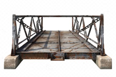 Detaylı bir 3D görüntüde yıpranmış metal bir köprü, önemli bir pas ve yıpranma sergiliyor. Yapının, perçinlenmiş bağlantıları ve destekleyici kirişleri de dahil olmak üzere karmaşık ayrıntıları açıkça görülüyor. Köprü, sağlam taş karın kaslarına dayanır.