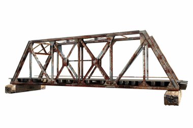Detaylı bir 3D sergilenen sergilenen eskimiş çelik demiryolu köprüsü, sönük beyaz bir zemin üzerinde. Köprünün önemli pas ve yıpranma gösteren karmaşık metal yapısı, yaşını ve potansiyel tarihsel önemini gösteriyor. Görüntü bir cl sunar