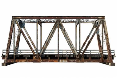 Detaylı bir üç boyutlu tasarım vitrinleri eski, paslı bir metal köprünün bir bölümünü gösteriyor. Görüntü, karmaşık iskeleti, yıpranmış çelik bileşenleri ve görünür pas ve çürüme işaretlerini vurguluyor. Köprünün yapısal elementleri çok net.