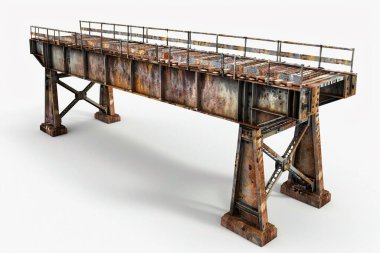Paslı endüstriyel çelik köprünün titizlikle detaylandırılmış üç boyutlu modeli yaşlanmış ve yıpranmış bir görünüm sergiliyor. Köprünün yapısı, paslı metal kirişler de dahil olmak üzere yapısının karmaşık ayrıntılarını vurgulayarak net bir şekilde tanımlanmıştır.