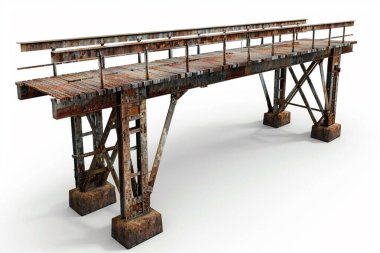 Harap olmuş metal bir köprünün detaylı üç boyutlu modeli, önemli bir pas ve aşınma sergiliyor. Köprünün ahşap kalasları hava geçirmez etkilerini sergiliyor ve metalik yapısı cıvatalar, perçinler ve destek kirişleri de dahil olmak üzere karmaşık ayrıntılar sergiliyor. Ov!