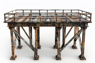 Detaylı bir 3 boyutlu vitrinler yıpranmış bir endüstriyel platform, dayanıklı, pas kaplı metal desteklerle yükseltilmiş. Platformun ahşap güvertesi, genel endüstriyel estetiği tamamlayan önemli bir yaş ve aşınma gösteriyor. Sahne hazır.