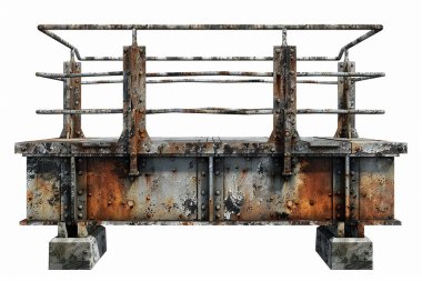 Titizlikle detaylandırılmış 3D vitrinler yıpranmış, paslı bir metal platform. Platformda görünür perçinler ve yıllanmış boyalarla sağlam bir yapı yer alıyor ve bu da elementlere yıllarca maruz kalındığını gösteriyor. Basit ama sağlam bir korkuluk etrafını sarmış. 