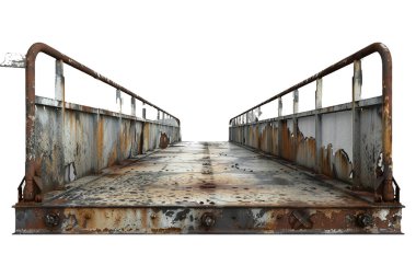 Yaşlanmış ve harap olmuş metal bir köprü güvertesinin detaylı üç boyutlu görüntüsü. Köprüde aşırı paslanmış ve yıpranmış yüzeyler var. Bölümler önemli ölçüde bozulma ve kayıp parçalar gösteriyor. Perspektif merkezden, Len 'e doğru bakıyor.