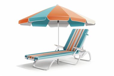 Şık bir illüstrasyonda, deniz mavisi ve turuncu çizgili bir şezlonga benzer bir plaj şemsiyesinin altında yer veriliyor. Tasarım, yaz tatili, tatil ve yaz temalı projeler için mükemmel bir rahatlama ve rahatlama hissi uyandırıyor. Çıtır çıtır.