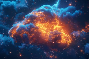Soyut ateşli nebula bulutu, karanlık, yıldız lekeli bir gece göğüne karşı parlak bir şekilde parlar. Çevreleyen koyu mavi bulutlar parlayan parçacıklara karşıtlık ekler.