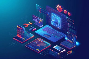 İzometrik illüstrasyonda dizüstü bilgisayarlar, tabletler ve kodları ve verileri gösteren telefonlar gibi çeşitli teknolojik cihazlar yer alıyor. İngiliz anahtarı ve vites sembolleri koyu mavi bir arkaplanda teknik bir hava katar..