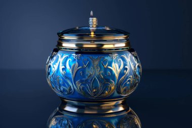 Üzerinde sahte mum kapağı olan altın çiçekli süslü mavi cam bir kavanoz yakalar. Yansıtıcı yüzey lüks hissi arttırır..
