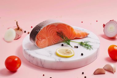 Taze, pişmemiş somon bifteği, dereotu filizi, kırmızı soğan, limon dilimleri ve küçük domatesler, mermer bir tabakta pastel pembenin üzerine dizilmiş, doğal dokuları ve renkleri sergiliyor..