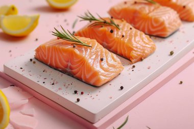 Biberiye, karabiber ve limon dilimleriyle süslenmiş somon filetolarını pembe arka planda beyaz tabakta sergiliyor. Görüntü yakın çekim..