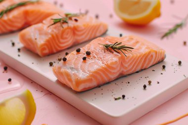 Beyaz bir tahta üzerinde aromatik biberiye, biber ve limon ile sunulan çiğ somon filetoları, yumuşak pembe bir arkaplan üzerine kuruludur..