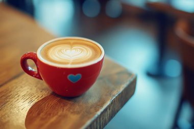 İçinde cappuccino olan kırmızı bir kupa. Karmaşık kalp şekilli latte sanatı görülebilir. Bardağın üzerinde küçük mavi bir kalp detayı olan ahşap bir masaya koyun. Yumuşak ışıklandırma ruh halini güçlendirir.