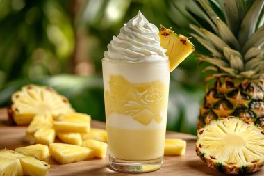 Katmanlı ananas püresinin krem şantili ve ananas dilimleriyle süslenmiş yakın plan görüntüsü. Ananas parçaları ve yarım ananas parçalarıyla çevrili ahşap bir masanın üzerine kurulmuş..