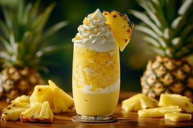 Açık bir bardakta krem şanti ve ananas dilimiyle süslenmiş katmanlı bir ananaslı tatlı içeceği. Ananas parçaları masaya saçılmış, arka planda ananas parçaları var..