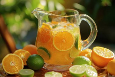 İçinde su, buz, canlı portakal ve limon dilimleri olan berrak bir sürahi içeriyor. Tahta bir tepside bütün ve dilimlenmiş narenciye meyvelerinin yanına yerleştirilmiş, güneş ışığıyla yıkanmış..
