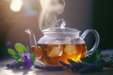 Yüzen buzlu bitki çaydanlığıyla dolu şeffaf cam bir çaydanlık. Lavanta ve mor çiçeklerle süslenmiş, aksanlı, doğal ışıklandırmayla.
