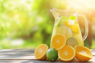 Portakal ve limon dilimleri, nane yaprakları ve ahşap bir masanın üzerinde güneş tarafından aydınlatılan doğal yeşil bokeh arka planlı buz küpleriyle ferahlatıcı bir limonata sürahisi sunar..