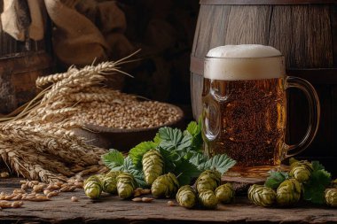 Etrafı buğday, şerbetçiotu ve eski ahşap bir fıçıyla çevrili köpüklü bira kupaları. Doğal elementlere odaklanarak ılık bir ortam yakalar..