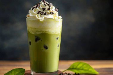 Yeşil çay, çırpılmış krema ve ahşap bir yüzeyde çikolata içeren bir matcha latte 'nin yakın çekimi. Bu resim, karanlık bir arka planda lezzetli ve ferahlatıcı bir içecek sunar..