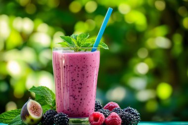 Büyüleyici natürmort hayat, taze nane yapraklarıyla süslenmiş mavi pipetli bir bardakta nefis pembe bir smoothie içerir. Kompozisyonda incir, böğürtlen ve ahududu yer alıyor..