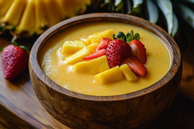 Yakın plan, ahşap bir kâse sergilenen kremalı, canlı sarı bir madde, ananas parçaları ve ahşap bir yüzey üzerinde kırmızı çilek dilimleri ile süslenmiş..