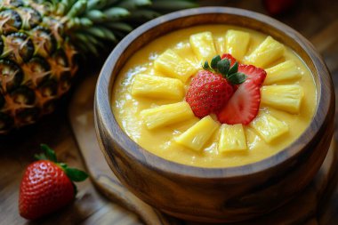 Ananas, çilek ve sarı meyveli püre. Koyu ahşap bir masanın üzerinde, ahşap bir kasede servis ediliyor. Parlak, doğal aydınlatma taze malzemelerin altını çiziyor..