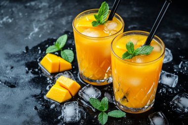 Iki bardak canlı bir mango içecek, buz ve pipet ile betimler, nane filiz ile süslenmiş, yanında dağınık mango parçaları ve buz, koyu, ıslak bir zemin üzerinde.