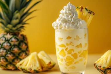 Kremalı ananas tatlısı, kremayla kaplanmış ve ananas dilimleriyle süslenmiş. Arka planda koyu bir sarı görünüyor, yaz havasını güçlendiriyor..