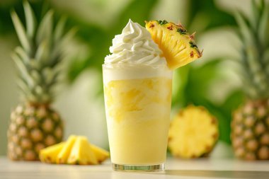 İçinde krem şantili ve ananas dilimli garnitürlü bir ananas kokteyli var. Arkasında bulanık ananas ve dilimler, taze ve canlı yaz görüntüsü oluşturur..
