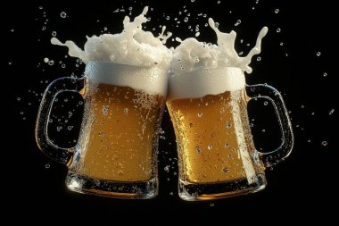 İki bira bardağını köpüklü siyah bir arka fona çarpıyor. Sıvı doku belirgindir, ferahlatıcı bir anı yakalar..