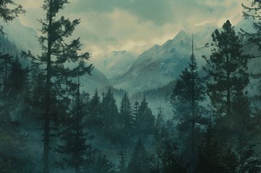 Devamlı yeşil ağaçları olan karlı dağ ormanları. Kar yağışı sırasında soğuk bir ortamın manzarası karamsar ve atmosferik bir hava yaratıyor..