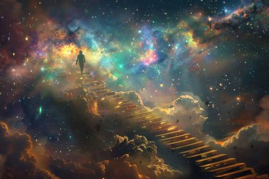 Siluet renkli bir galaksiye ve rüya gibi bir nebulaya doğru yükselen merdivenlerden yukarı çıkıyor. Bulutlar sahnenin mistik atmosferini güçlendiriyor, ruhani ve yaratıcı bir sanat eseri yaratıyor..